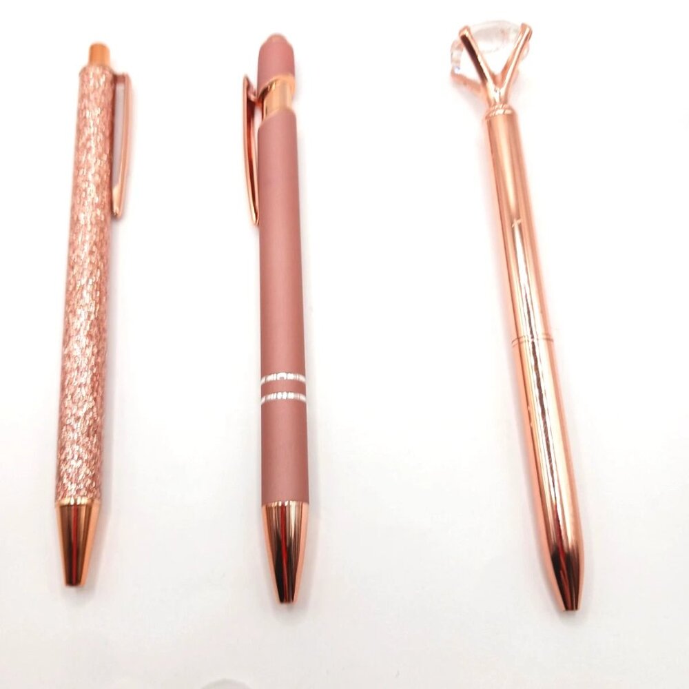 Glitter+ Glass Stone Rose Colored Metal Ballpoint  Writing  Pens-Lot Of 3 -New
